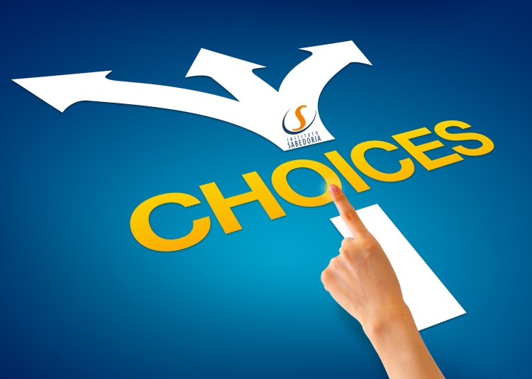 Hand pointing at a choices illustration on blue background.